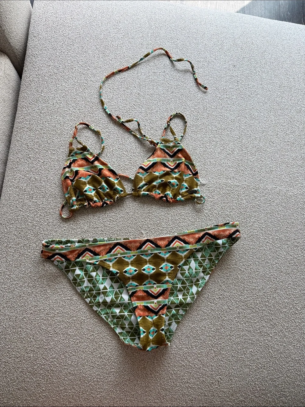 Volcom Reversible Olive Green & Orange Geo Print Bikini